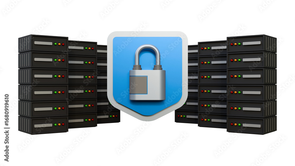 Poster server rack with padlock and shield. 3d render internet and global communications protection concept