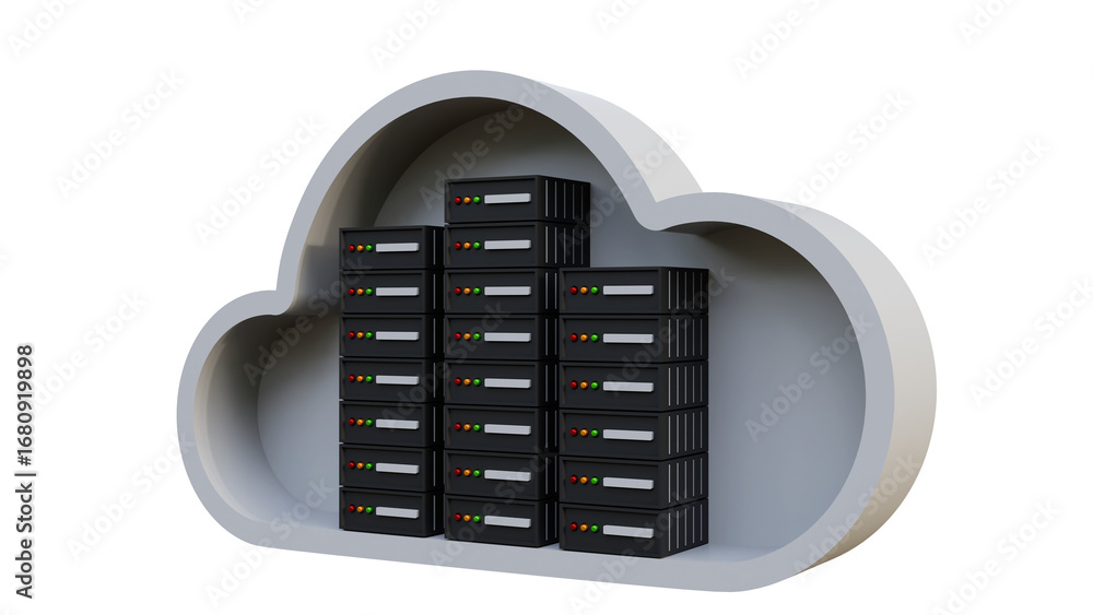 Poster server rack with cloud system. 3d render internet and global communications concept. row of network 