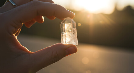 Holding quartz crystal in sunlight for holistic healing power