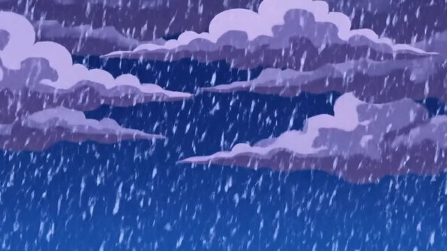 Dramatic animated illustration of a heavy downpour with dark, moody purple storm clouds against a deep blue sky
