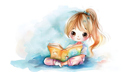 Naklejka premium cute chibi girl reading a comic book sitting