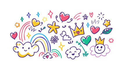 Fun rainbow doodles with hearts and crowns stars clouds