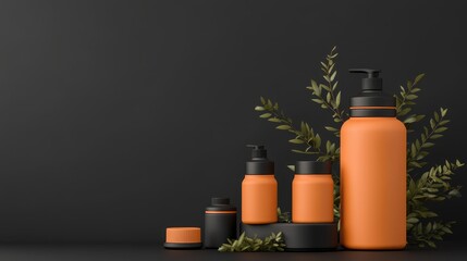 Fototapeta premium Orange bottles with black lids and pump dispenser on display with green leaves against dark backdrop, clean product presentation.