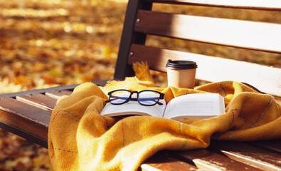 Open book with eyeglasses placed on a warm blanket outdoors on a bench in autumn park. Cozy fall atmosphere, reading, studying, and relaxation concept. Selective focus.