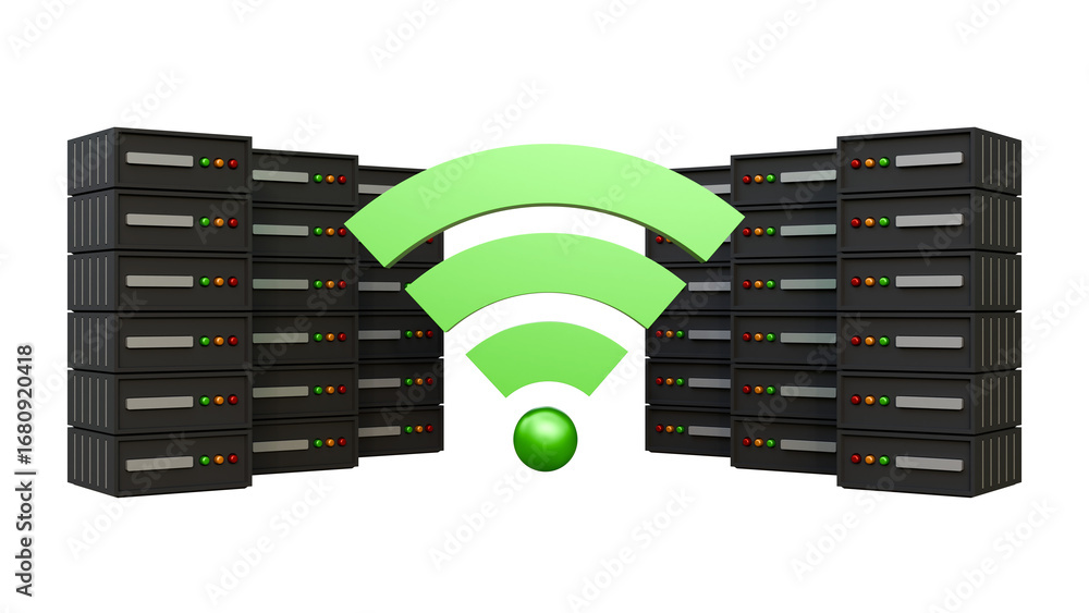 Poster server rack with wireless sybol. 3d render internet and global communications concept. row of networ