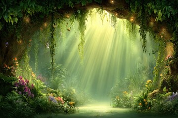 Sunlight streams into a lush, floral forest glade