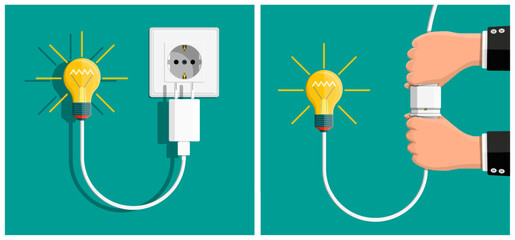 Man connects light bulb power adaptor to electric plug. Energy innovation and new idea concept. Solution strategy for creative business.