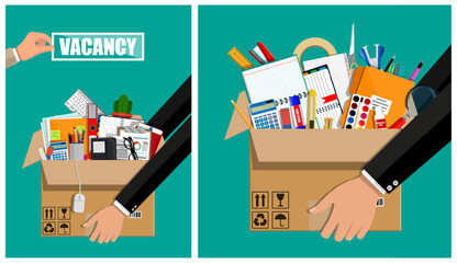 Man holding vacancy sign over cardboard box. Business man leaving his job. Job change, new employee or dismissal concept.