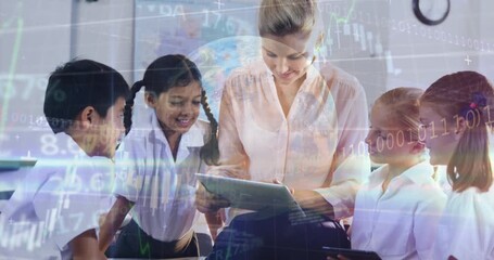 Animation shows stock market data and students using tablets for global economy education. - Powered by Adobe