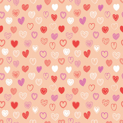 Cartoon style seamless pattern with cute hearts. Texture with hand drawn shapes. Doodles. Design for Valentine’s Day, Mother’s Day and Women’s Day. Vector illustration