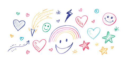 Hand drawn doodles hearts stars smiles vector