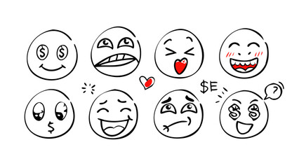 Hand Drawn Emoji Faces With Red Hearts And Wavy Mouths