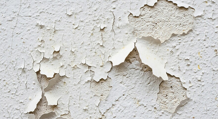 Peeling white paint on an old wall creates a textured and weathered surface