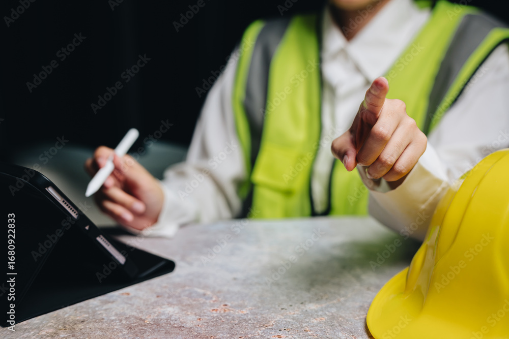 Poster construction worker in safety vest pointing while using tablet on table with yellow hard hat in back