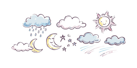 Hand drawn weather elements with watercolor effect