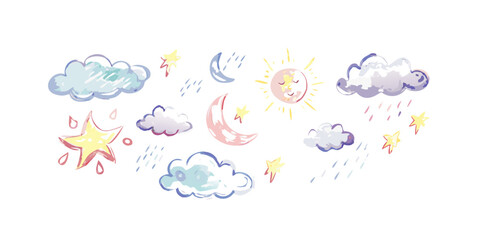 Hand drawn weather elements with watercolor style clouds
