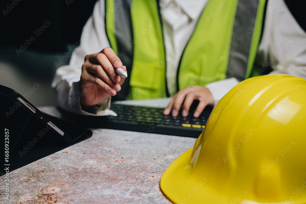 Poster construction worker in safety vest using computer keyboard in office with yellow hard hat on table a