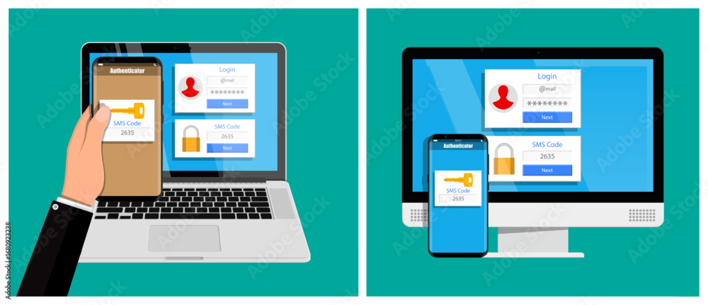 Poster man is holding phone showing sms code for two factor authentication login on laptop and monitor. cyb