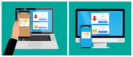 Fototapeta premium Man is holding phone showing SMS code for two factor authentication login on laptop and monitor. Cybersecurity data security concept.