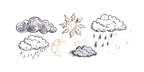 Hand drawn weather icons sun moon clouds rain vector