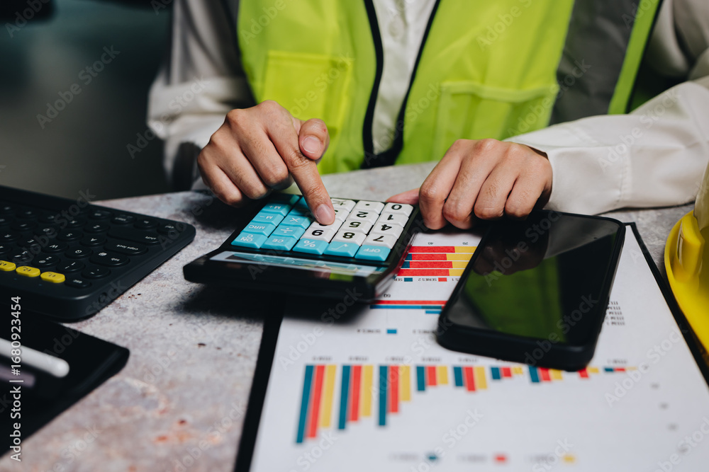 Poster professional calculations and data analysis with calculator and charts in construction or engineerin