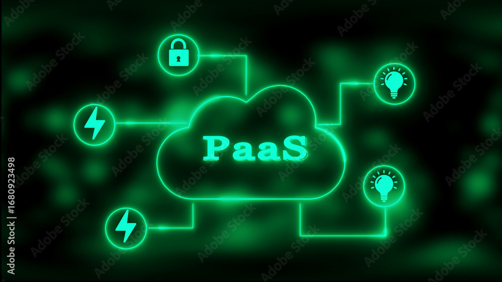 Poster platform as a service cloud computing network with green neon icons for security and innovation paas
