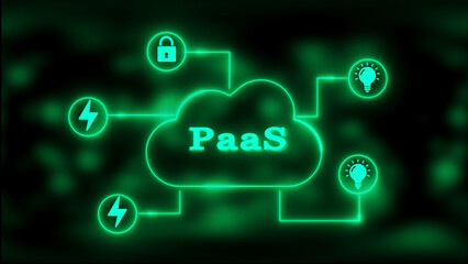 Platform as a Service Cloud Computing Network with Green Neon Icons for Security and Innovation PaaS