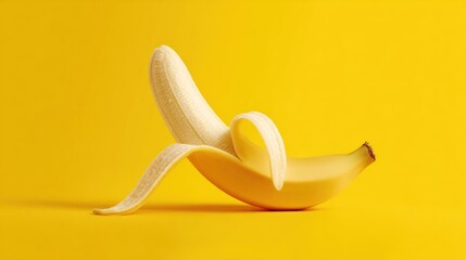 Single banana peeled on yellow background
