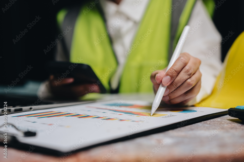 Poster business professional in safety vest analyzing charts and graphs with digital pen while using mobile