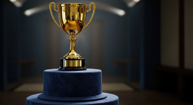 Golden trophy gleams triumphantly on a velvet pedestal, symbolizing ultimate achievement and prestigious recognition in a sophisticated, dimly lit setting.