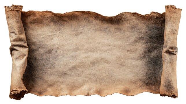 Aged paper banner unfurled, blank text area, isolated on white background for custom message insertion.