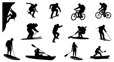 Silhouettes of people engaging in various extreme sports and outdoor activities