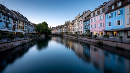 Serene canal reflecting pastel buildings at twilight