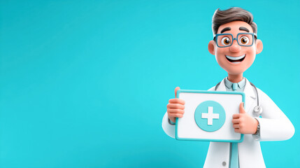 Cartoon doctor offers friendly medical advice while holding a health sign in a cheerful setting