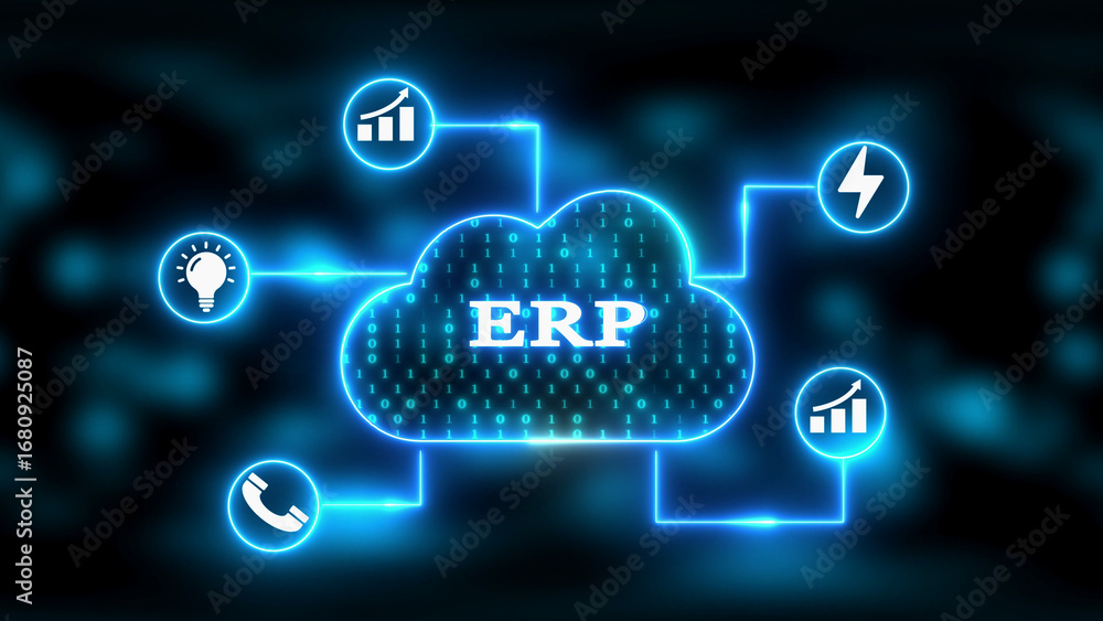 Aufkleber digital cloud network with erp and business icons in neon blue enterprise resource planning cloud co