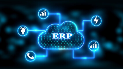 Digital Cloud Network with ERP and Business Icons in Neon Blue enterprise resource planning cloud computing