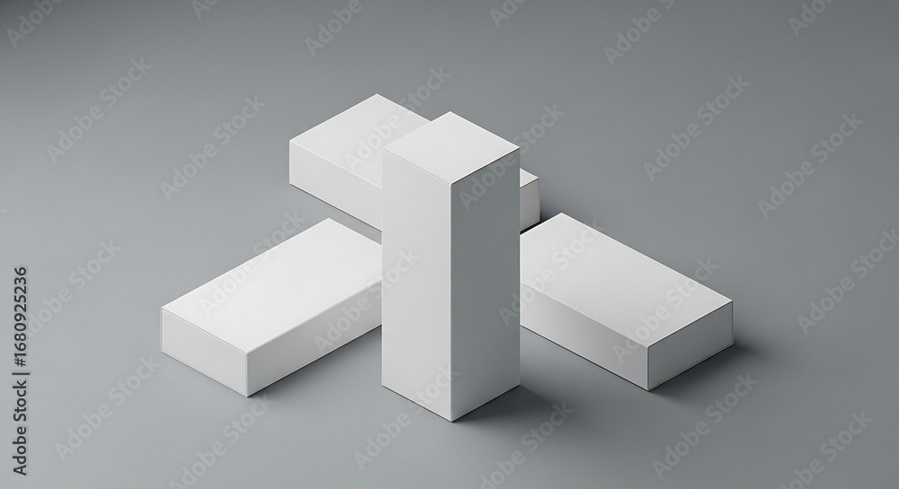 Aufkleber three blank white rectangular boxes arranged in a visually appealing composition on a neutral grey b