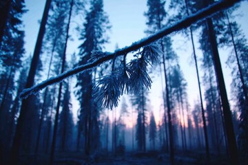 Obraz premium Frozen pine branch in a winter forest at dusk