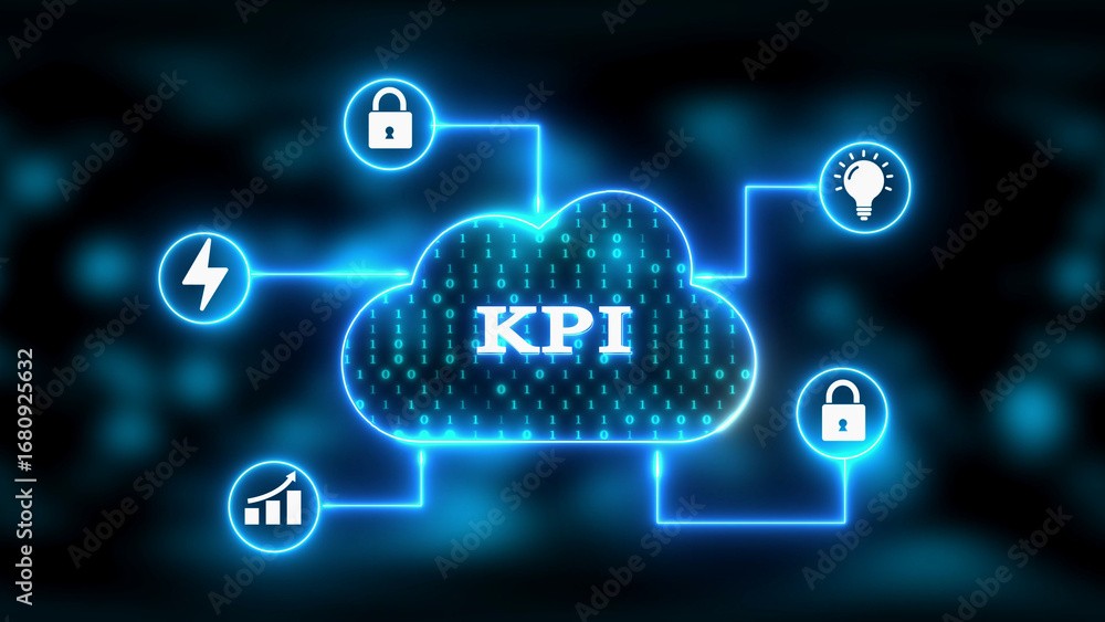 Poster cloud network with kpi and business icons in neon blue key performance indicator cloud computing
