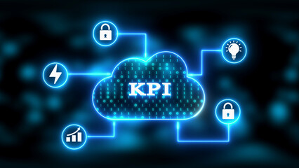 Cloud Network with KPI and Business Icons in Neon Blue key performance indicator cloud computing