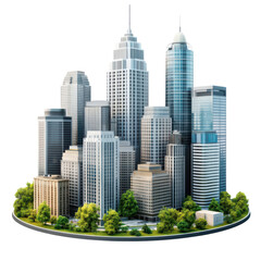 Fototapeta premium Detailed miniature cityscape featuring modern skyscrapers and lush greenery on a circular platform showcasing architectural design and urban planning on transparent background