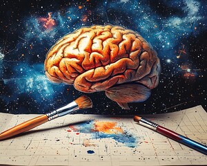 Floating Brain in Starry Space above Watercolor Paper with Paintbrushes