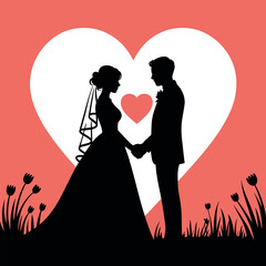 Elegant Wedding Silhouette of Bride and Groom Holding Hands in Front of Heart Background for Celebrations