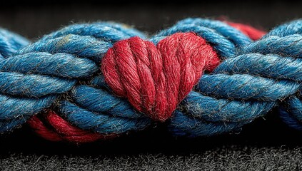 Close-up of knotted blue rope with red heart