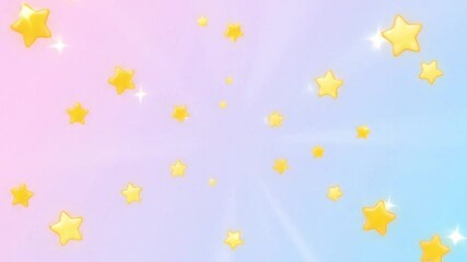 A dreamy and magical background with cute sparkling yellow cartoon stars floating on a soft pink and blue pastel sky