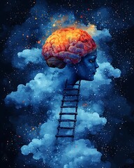 Surreal Side Profile of Human Head with Fiery Brain and Ladder into Clouds among Stars