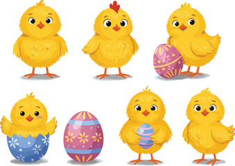 Adorable Easter chicks with colorful eggs, cartoon spring chicken illustrations, festive holiday design, cute characters for Easter celebration and decor