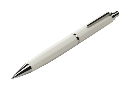 Isolated writing tool, slim metal pen in neutral tone, close up office or school supply