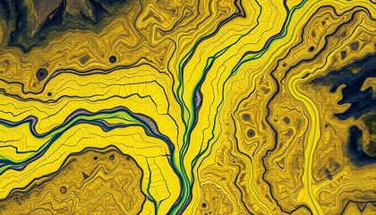 Aerial view of Iceland's braided yellow glacial river, intricate patterns, unique textures,   view,  landscape