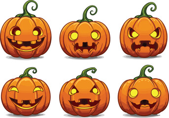 Cartoon Halloween pumpkins with glowing faces, jack-o'-lantern expressions, spooky carved pumpkins, festive fall illustration, Halloween design for decoration
